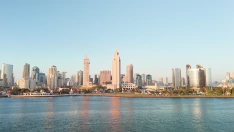 San-Diego-Skyline-Downtown-View-From-The-Ocean-In-California,-USA---Drone-Shot