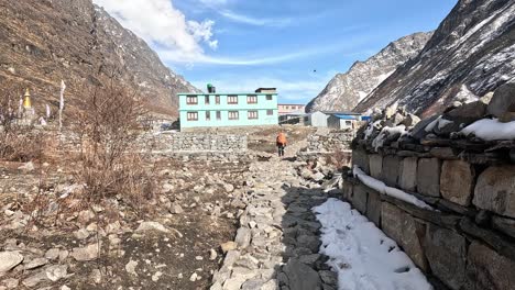 Arriving-in-Lang-tang-village,-high-altitude-mountain-village-in-Himalaya