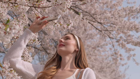 Señora-Sosteniendo-Un-Teléfono-Móvil-Tomando-Fotos-De-Flores-De-Cerezo-En-Flor-En-El-Parque-Forestal-De-Yangjaitizen,-Distrito-De-Seocho,-Ciudad-De-Seúl,-Corea-Del-Sur