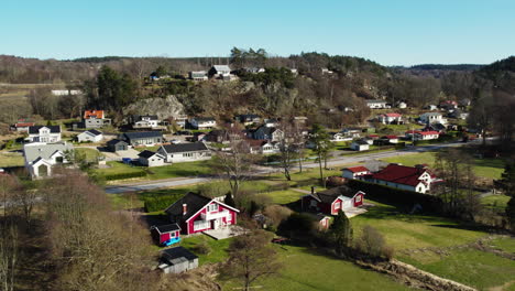 Typical-Scandianvian-Villas-in-Small-Village,-Aerial-View