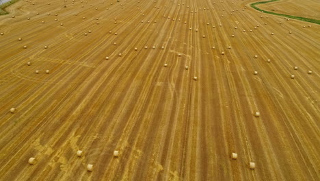 Aerial-view-of-hay-bale-field,-large-agricultural-meadow-land-in-Europe