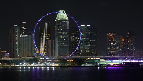 Paisaje-Urbano-Del-Centro-Con-Edificios-Altos-Iluminados-Y-Rascacielos-Con-Un-Volante-Emblemático-De-Singapur-Capturado-En-El-Parque-De-La-Azotea-Del-Puerto-Deportivo-Por-La-Noche