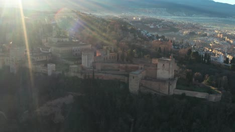 Alhambra-Palace,-Fortified-Hilltop-Moorish-Complex-At-Sunrise-In-Granada,-Andalusia,-Spain