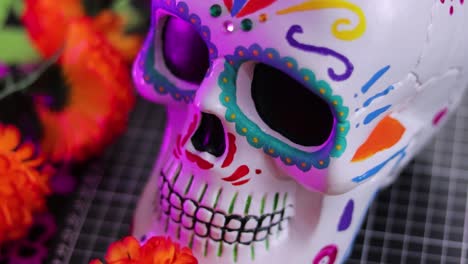 Sugar-skull-decor-for-Day-of-the-Dead,-close-up