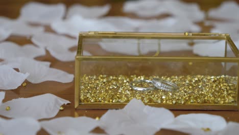 Traveling-of-a-wedding-ring-box,-with-white-petals-and-gold-grains