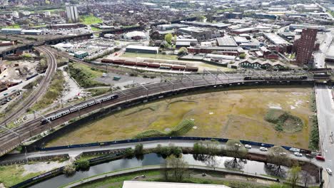 Trains-on-Railway-line-Leeds-City-UK-drone,aerial
