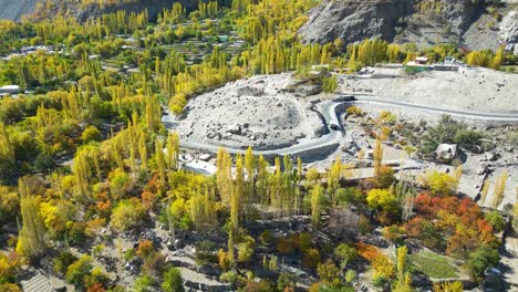 Panning-drone-shot-of-curvy-roads-of-Skardu-city-in-Pakistan