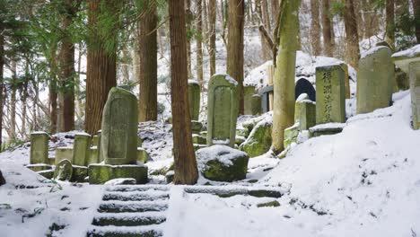Templo-De-La-Montaña-Yamadera,-Nieve-Sobre-Lápidas-En-El-Bosque,-Japón