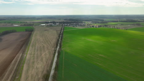 Aerial---Contrast-of-cultivated-and-green-fields-from-above,-with-a-dividing-path