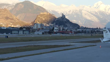 Private-Jet-Taking-Off-From-Sion,-Switzerland-Mountain-Airport-TRACK
