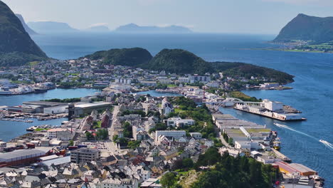 Aerial-View-of-Alesund,-Norway,-Cityscape-and-Bay-Between-Islands,-Drone-Shot