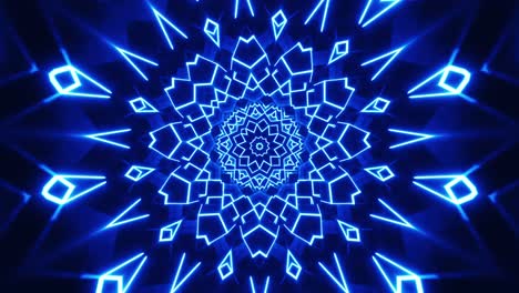 Blaue-Und-Violette-Sternenexplosion-Mit-Schwarzem-Hintergrund,-Kaleidoskop-Muster,-VJ-Loop,-4K,-Entspannende-Ambient-Meditationsvisuals