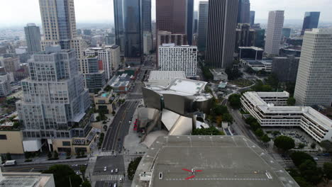Los-Angeles-USA,-Aerial-View-of-Walt-Disney-Concert-Hall,-Downtown-Buildings-and-Traffic