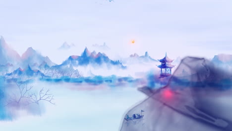 Chinas-Traditionelle-Orientalische-Digitale-Kunstanimation,-Chinesische-Tuschemalerei-In-Bergen-Mit-Blumen,-Bäumen,-Vögeln,-Flüssen-Im-Nebel-Hintergrundbild