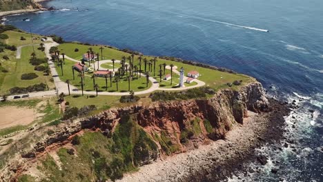 Aerial-View-of-Point-Vicente-Lighthouse-in-Rancho-Palos-Verdes,-Los-Angeles,-California-on-the-Cliffs-with-the-Pacific-Ocean-and-Waves-Crashing-in-the-Background