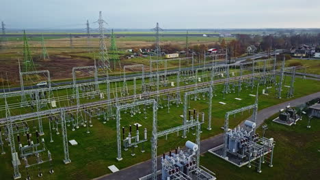 Aerial-view-around-a-electricity-grid-at-electric-power-station,-cloudy-day