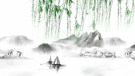 Animación-De-Arte-Digital-Oriental-Tradicional-De-China,-Tinta-De-Pintura-China-En-Montaña-Con-Flores,-árboles,-Pájaros,-Río-En-Obras-De-Arte-De-Fondo-De-Niebla