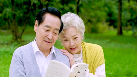 Rentnerpaar-Aus-Asien,-Verliebt-Lächelnd,-Umarmend-Großeltern,-Die-Ein-Buch-Lesen,-Rente,-Freizeit-Auf-Picknickmatte-Im-Park