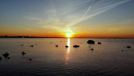 Silhouette-Von-Wasservögeln,-Die-Bei-Sonnenuntergang-Auf-Felsen-In-Der-Ostsee-Sitzen