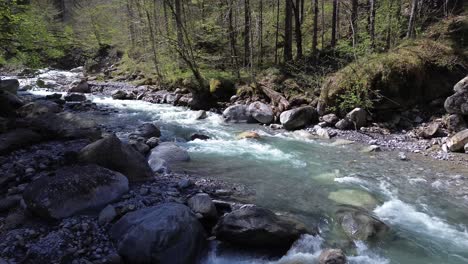 Idyllischer-Fluss-Mit-Kristallklarem,-Türkisfarbenem-Wasser,-Umgeben-Von-Wald