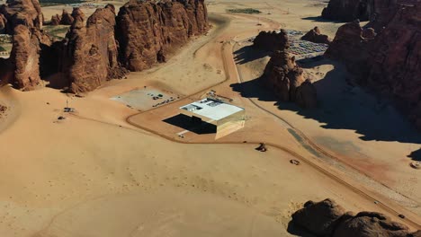 Aerial-view-towards-the-Maraya-concert-hall,-in-Saudi-Arabia---establishing,-drone-shot