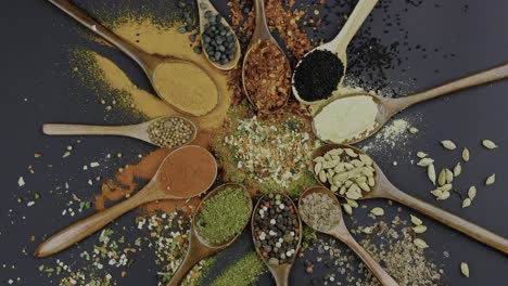 A-rotating-perspective-showcases-spoons-holding-an-array-of-diverse-Indian-spices,-exemplifying-the-culinary-craft-and-creativity-inherent-in-Indian-cuisine