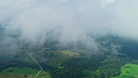 Grüne-Landschaft-Aus-Wald-Und-Feldern,-Luftaufnahme-über-Flauschigen-Wolken