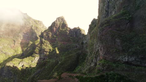 Aerial-of-Hiking-Path-in-Steep-Rocky-Mountains,-Madeira-Nature-4k