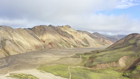 Flying-over-Iceland-Landmannalaugar-valley,-capture-pristine-aerial-views-of-unspoiled-nature