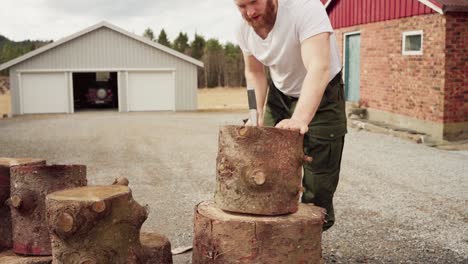 Man-Using-Axe-To-Cut-Log-Or-Stump---Close-Up