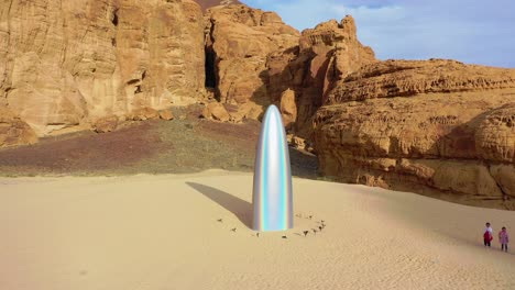 Luftaufnahme-Von-Gisela-Colon-In-Der-Desert-X-Art-Collection-Im-Sonnigen-Al-Ula,-Saudi-Arabien-–-Neigung,-Drohnenaufnahme