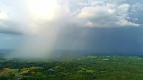 Waldwälder-Mit-Gewitterwolken,-Regen-Und-Regenbogen-In-Der-Ferne,-Antenne