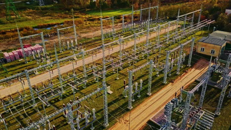 Drone-Shot,-Electricity-Substation-Facility,-Electric-Energy-Distribution-System