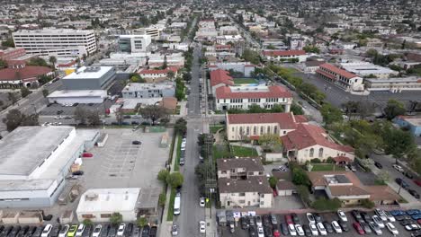 Aerial-View-Of-Church,-School-And-Establishments-At-Glendale-City-In-Los-Angeles-County,-California