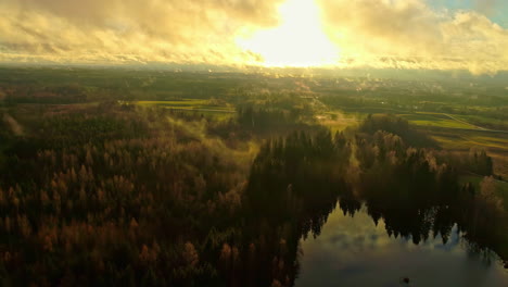 Leuchtend-Gelbe-Sonne-Am-Himmel-über-See-Und-Wald