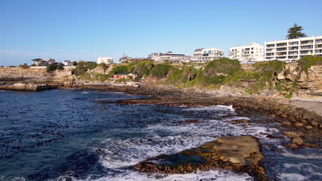 Drone-dolly-riser-over-jagged-coastline-reveals-popular-Hermanus-seaside-resort