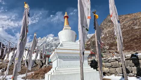 Buddhist-enlightenment-Stupa-in-surrounded-by-white-prayer-flag