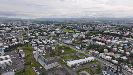 Aerial-View-of-Reykjavik-Iceland-Residential-Suburbs-Buildings,-Church-and-Parks