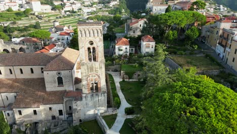 Drone-shot-of-the-Ravello-Cathedral-tower-on-a-sunny-day-in-Italy