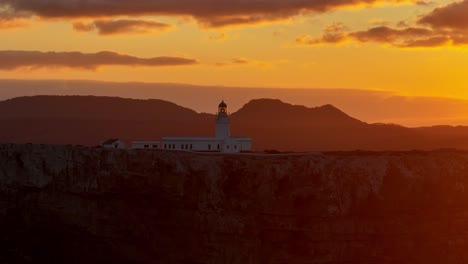 Sunset-skyline-above-Cavalleria-lighthouse-north-of-Menorca-aerial-drone-panoramic-view