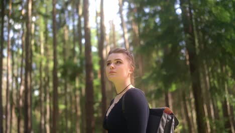 Una-Joven-Hermosa-Está-Explorando-El-Bosque-Primaveral-En-Un-Día-Soleado.