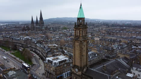 Aerial-view-tilting-over-the-Charlotte-Chapel-in-gloomy-Edinburgh,-Scotland