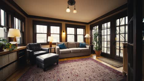 Eine-Breite-Aufnahme-Eines-Schönen-Wintergartens-Mit-Einer-Couch-Und-Einem-Sessel-Neben-Einer-Großen-Pflanze-Mit-Großen-Natürlichen-Fenstern,-Die-Sonnenlicht-Hereinlassen