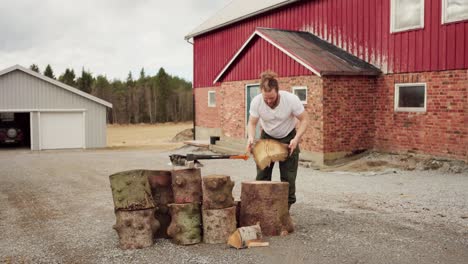 Man-Chopping-Firewood-With-An-Axe---Wide-Shot