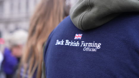 In-Zeitlupe-Trägt-Eine-Person-Ein-Blaues-Fleece-Oberteil-Mit-Den-Worten-„Back-British-Farming“-Auf-Dem-Rücken.