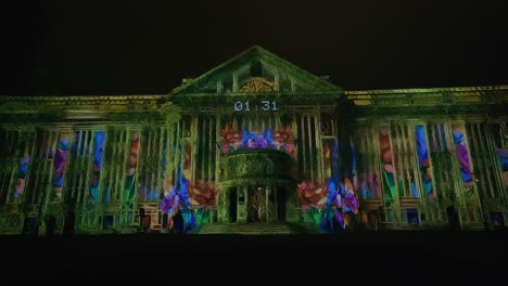 Vivid-lights-on-Croatian-State-Archives,-Zagreb-Festival-of-lights