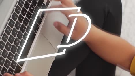 Shopping-bag-over-hands-on-computer-keyboard,-vertical-motion-graphics