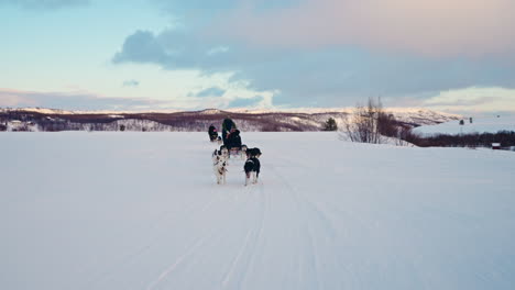 Zwei-Husky-Schlittenhundeteams-Ziehen-Einen-Schlitten-Durch-Die-Norwegische-Schneelandschaft