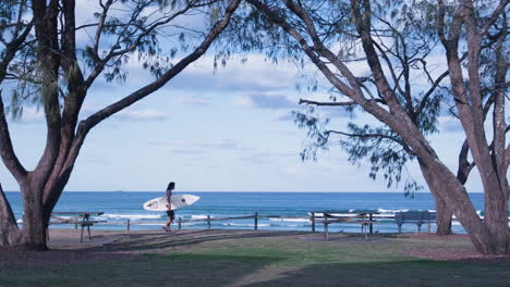 Ein-Einsamer-Surfer-Durchquert-Die-Bäume-Am-Meer-An-Einem-Einsamen-Strand-In-Australien