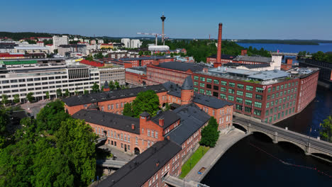Aerial-view-of-the-Finlayson-district-,-sunny,-summer-day-in-Tampere,-Finland